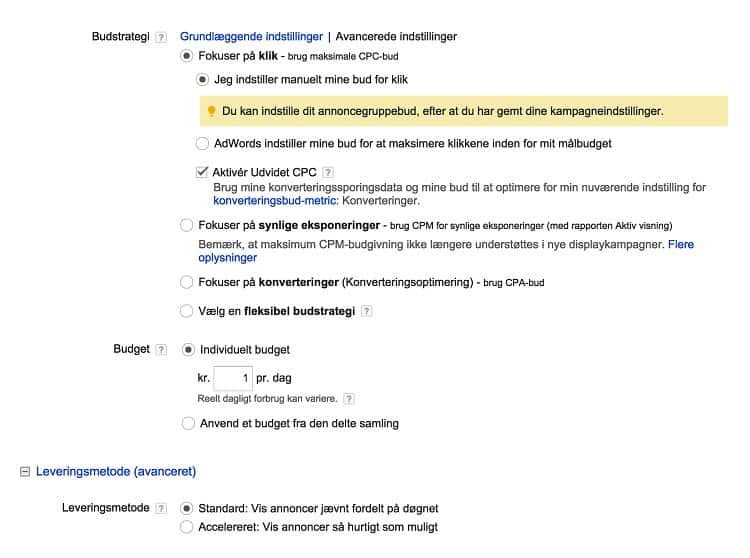 Vælg dit AdWords budget