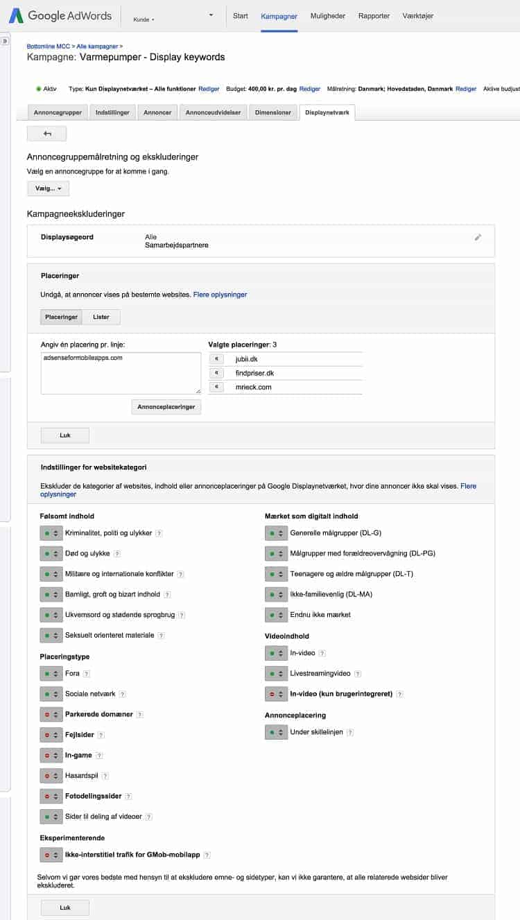 Vælg målrettningen for Google Display Annoncer