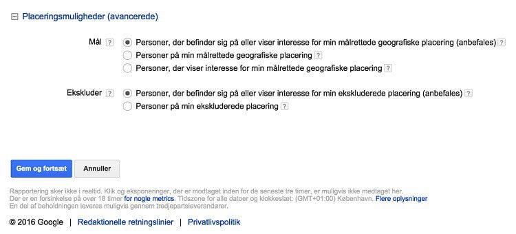 Vælg placering af GDN annoncer